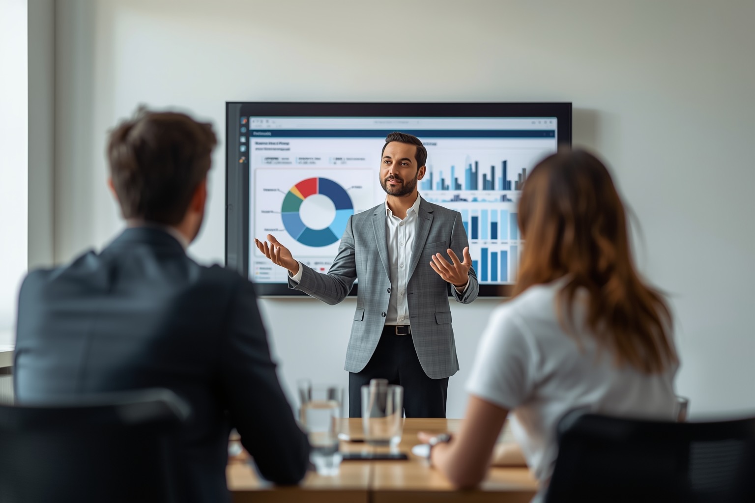 Head of data presenting a dataset summary to two executives