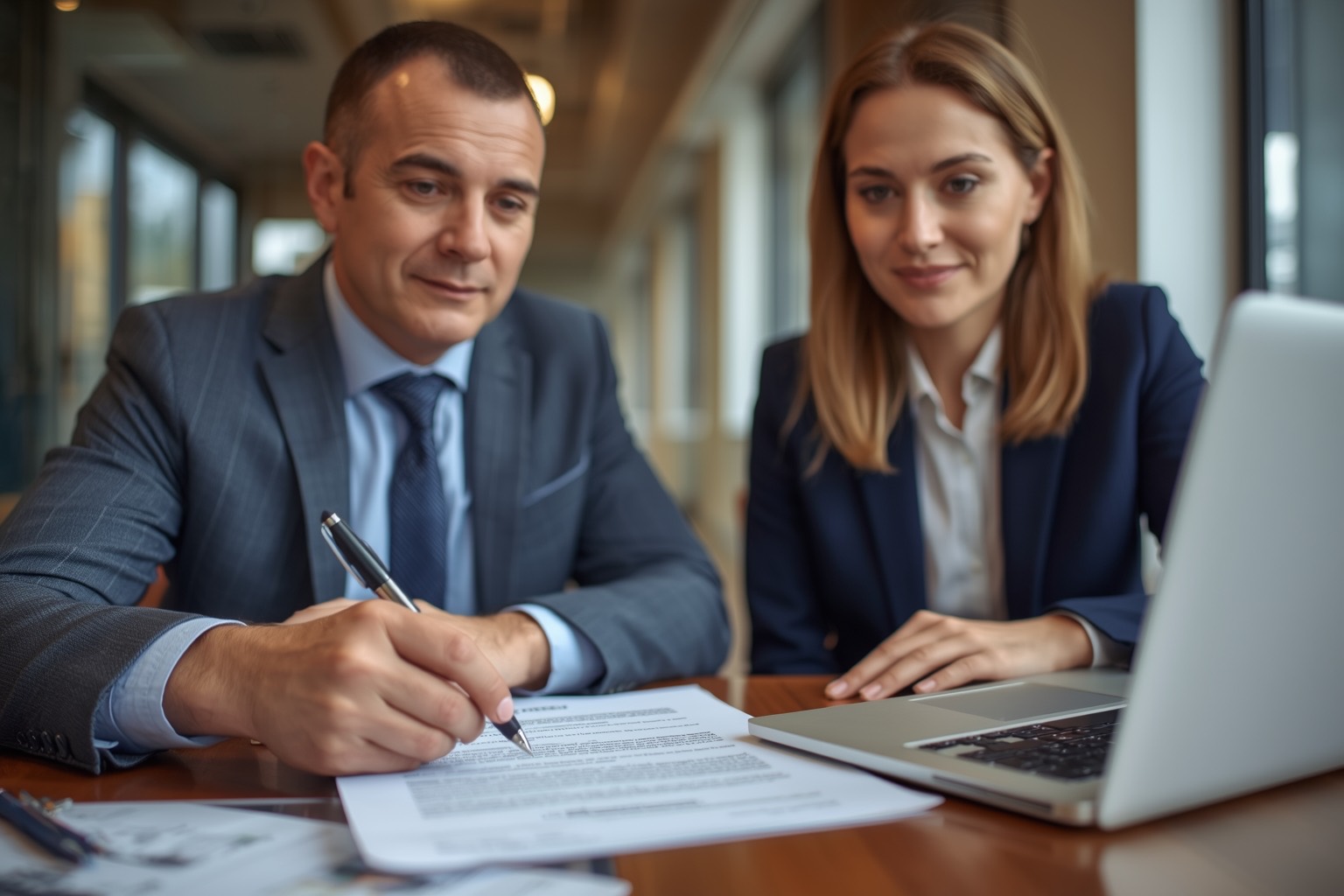 Lawyer and executive reviewing a printed licensing agreement
