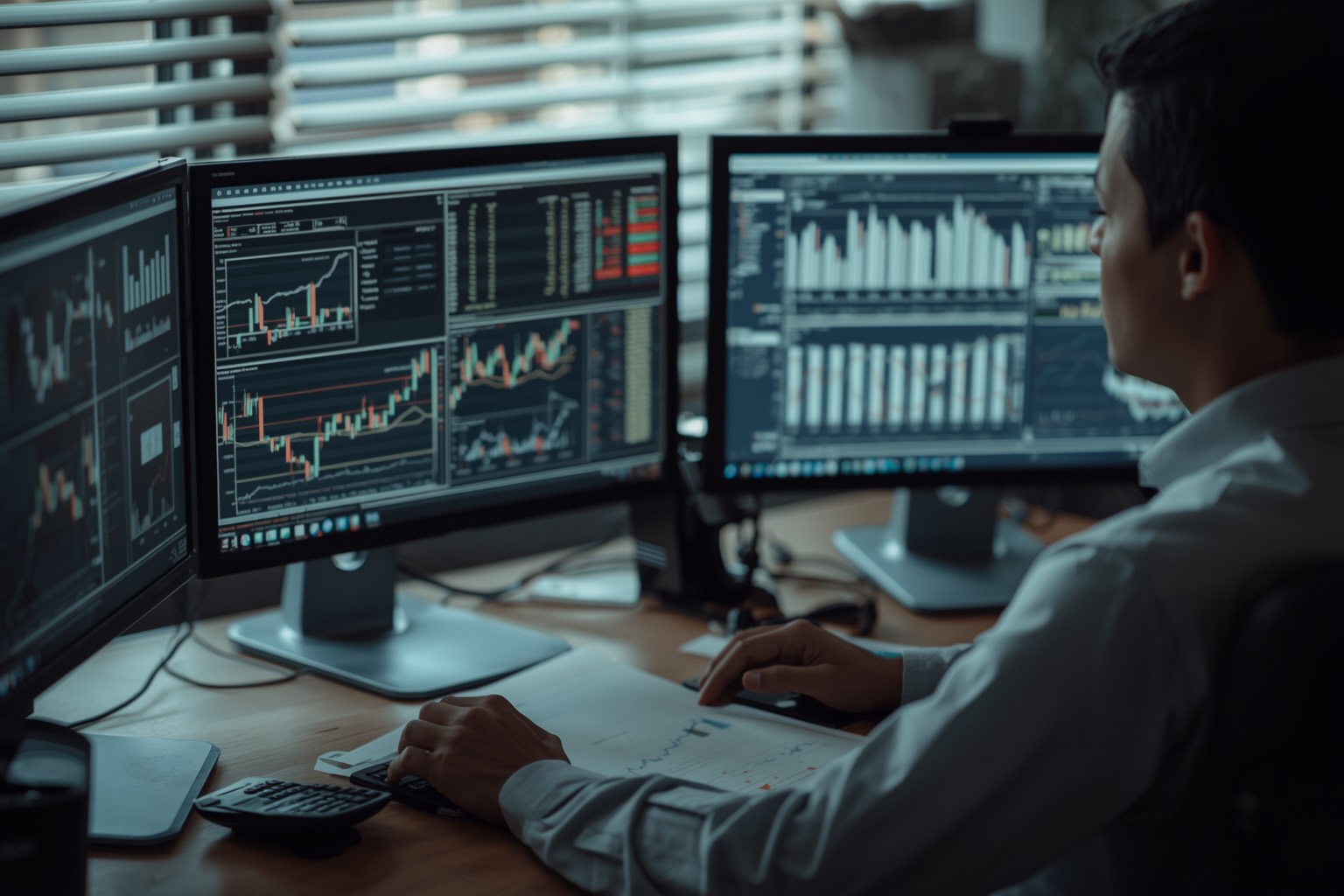 Analyst at two monitors with charts and a printed report